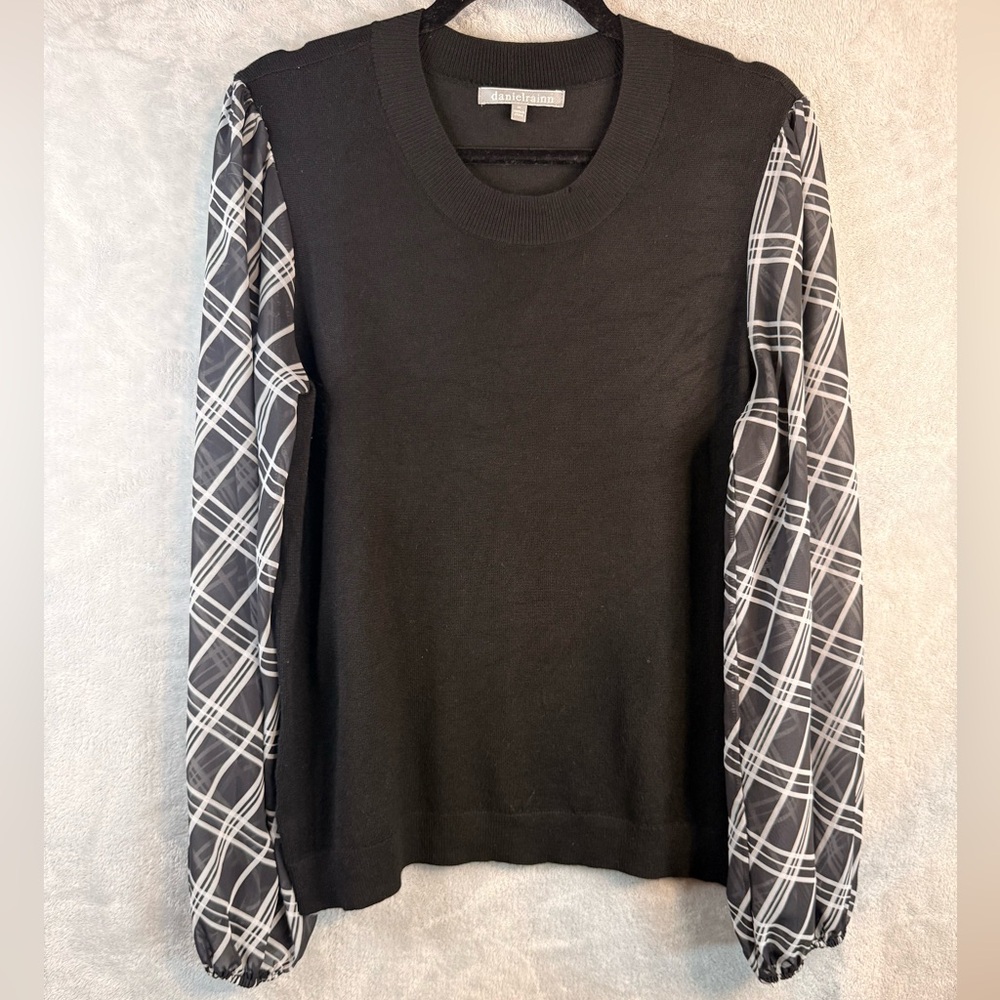 Daniel Rainn Black Sweater with Plaid Sheer Puff Sleeves